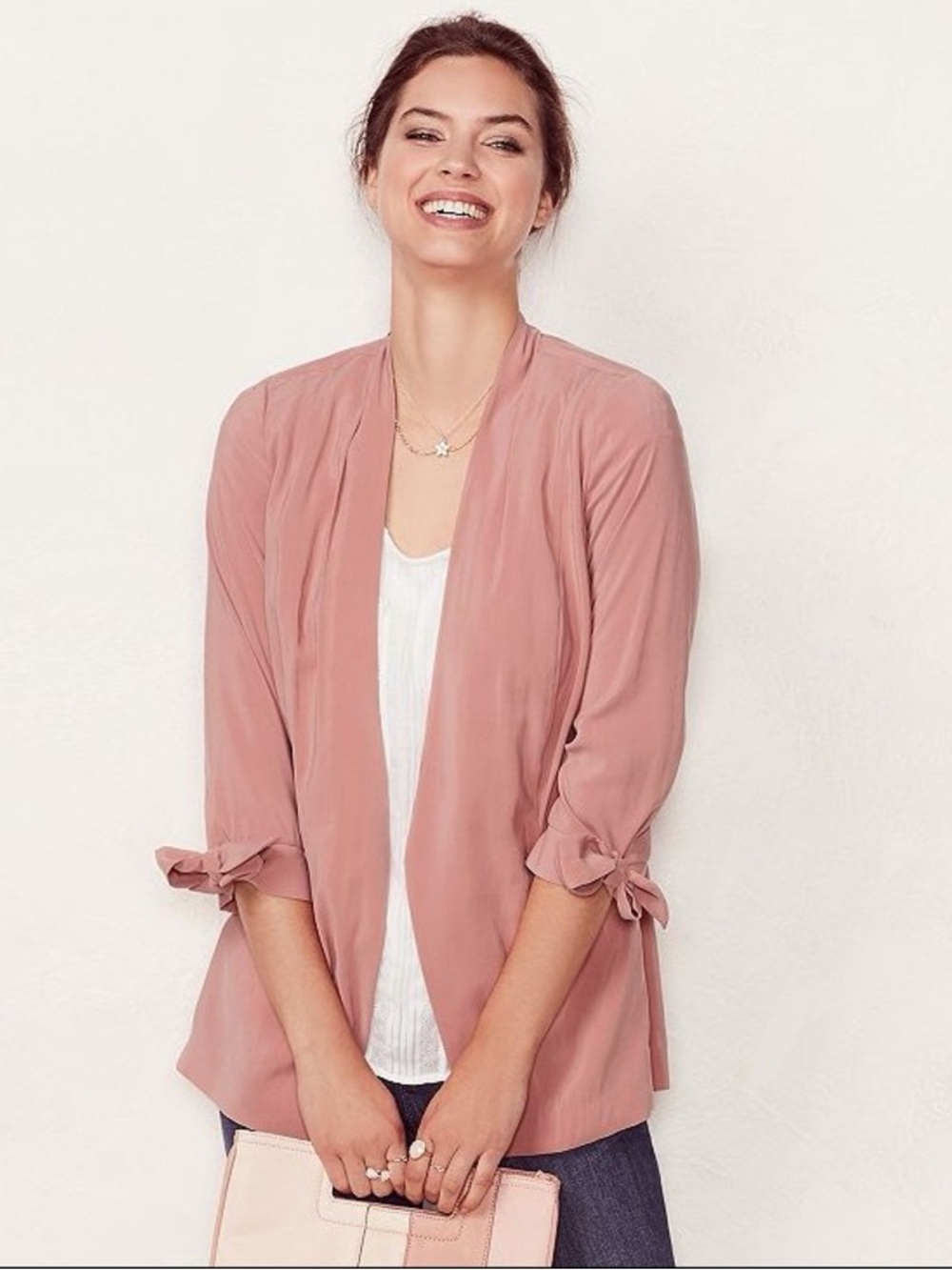 Lauren Conrad Pink Open Front Jacket XL Tie Cuff 3/4 Sleeves & Pockets
